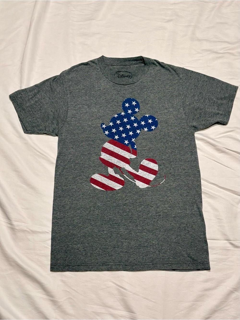 Disney Mickey Mouse USA American Flag Graphic T-Shirt Gray Patriotic Adult Small